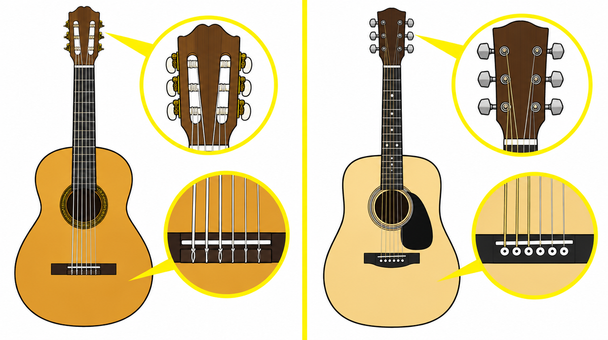 Comparación ilustrada entre una guitarra clásica de nylon y una acústica de acero
