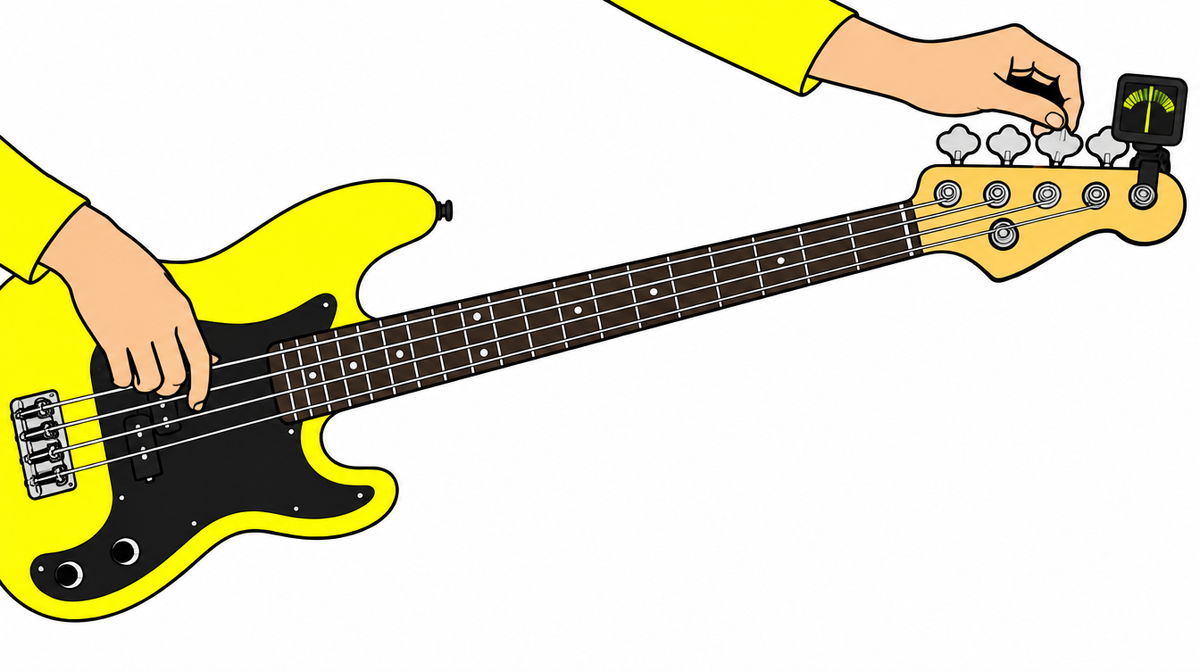 Ilustración de manos afinando un bajo eléctrico con afinador de clip