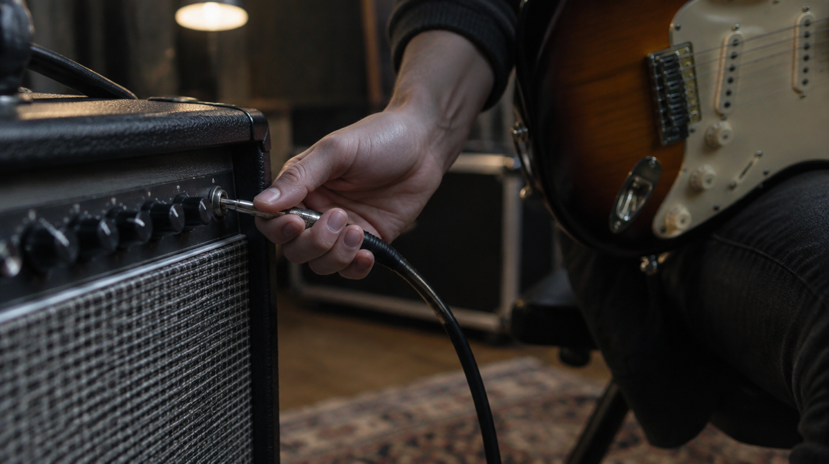 Conectando el cable de una guitarra eléctrica al amplificador