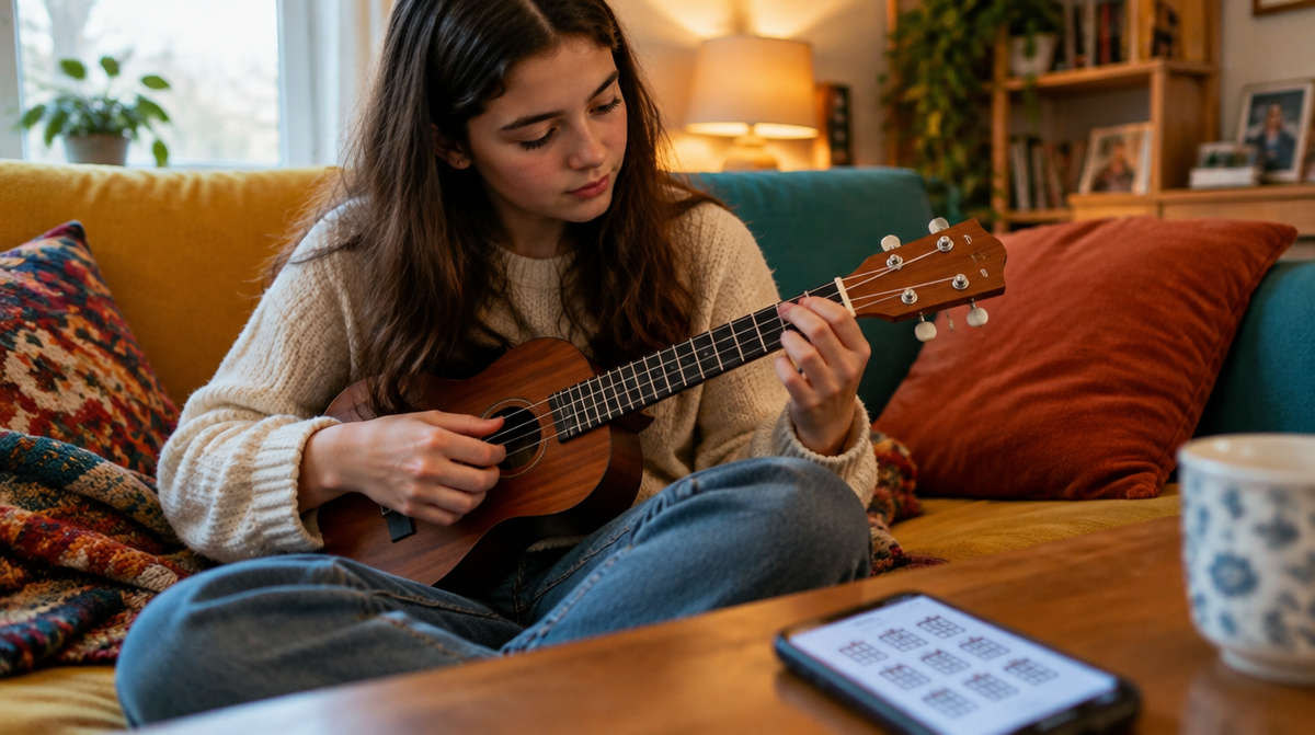 Adolescente aprendiendo acordes de ukulele en casa