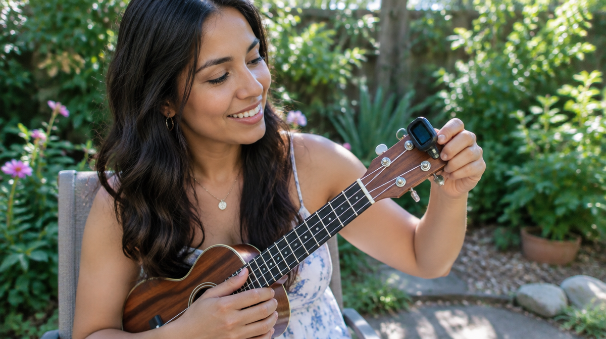 Joven afinando un ukulele en un jardín