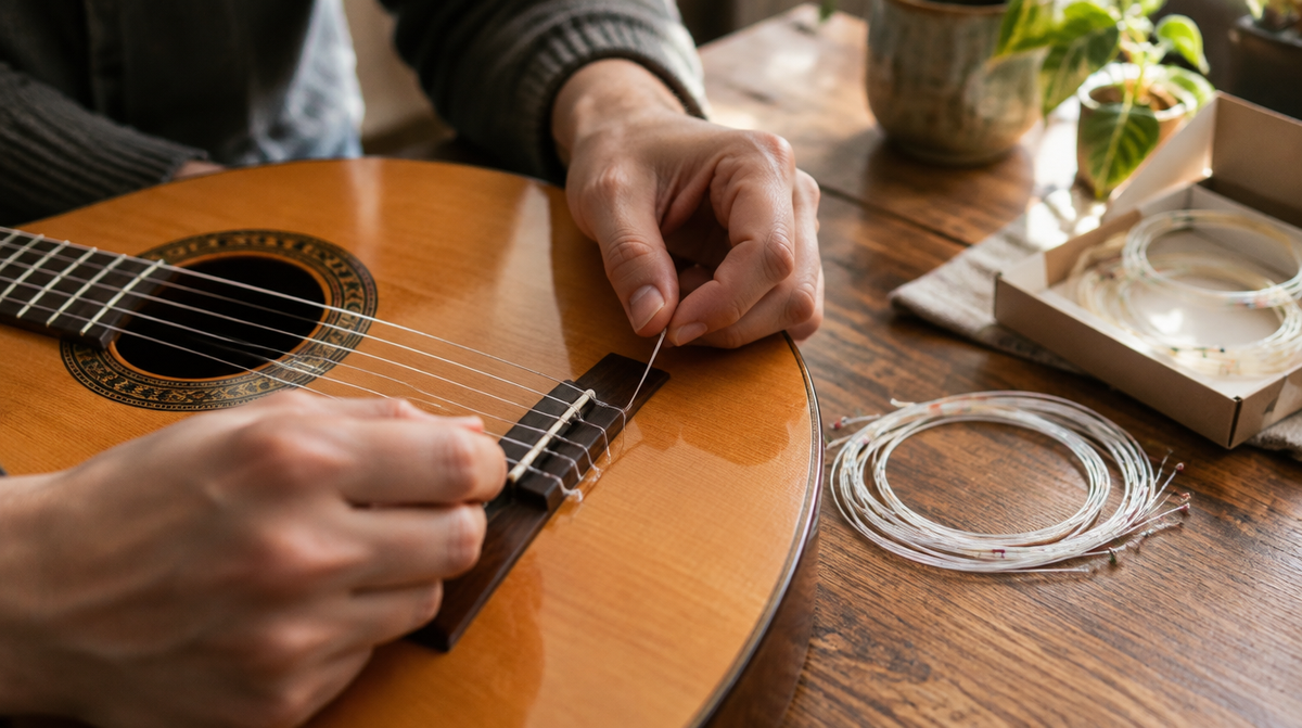 Manos amarrando una cuerda de nylon en una guitarra clásica
