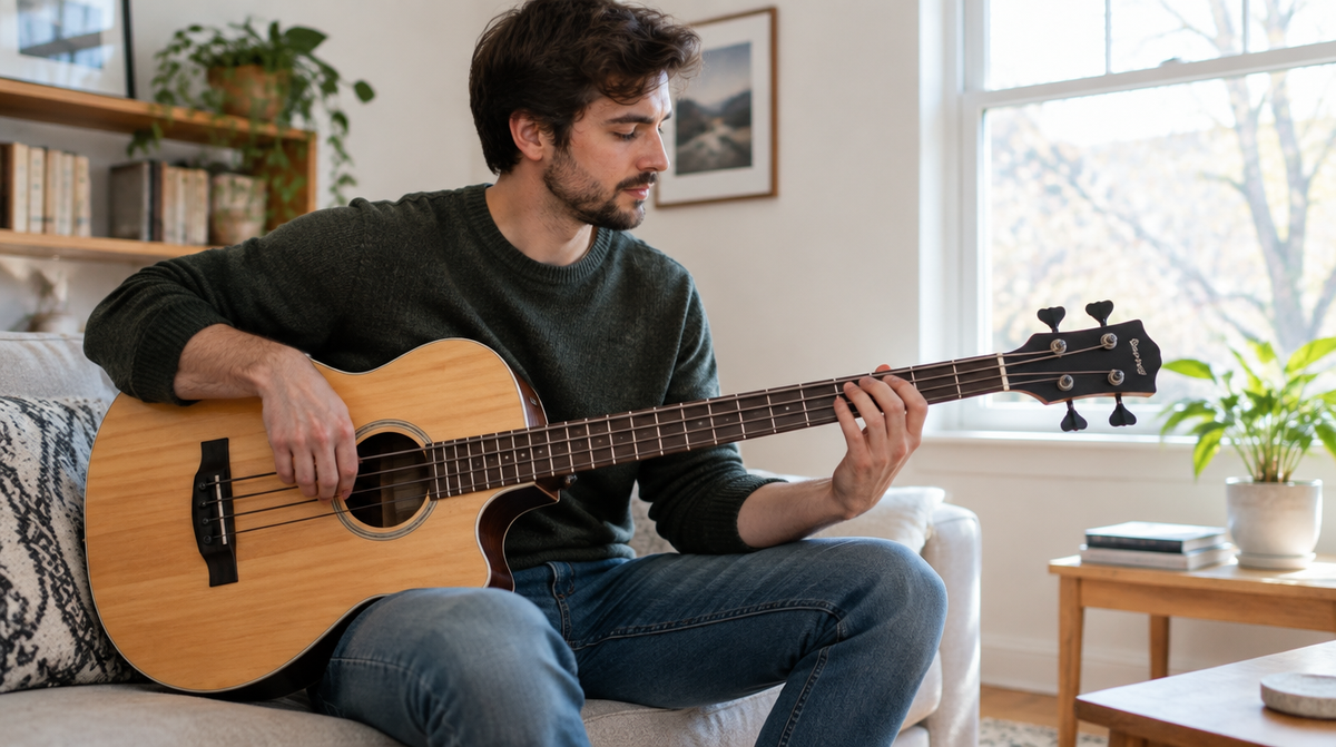 Músico sentado tocando bajo acústico con buena postura