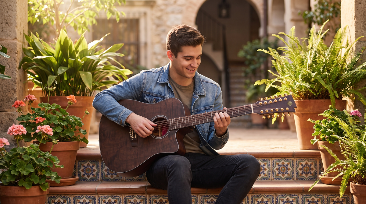 Joven con su primera docerola en el patio de una escuela de música