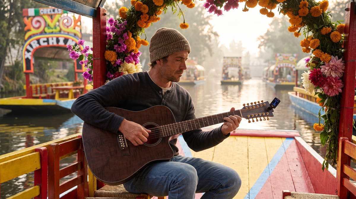 Músico afinando una docerola con afinador de clip en una trajinera de Xochimilco