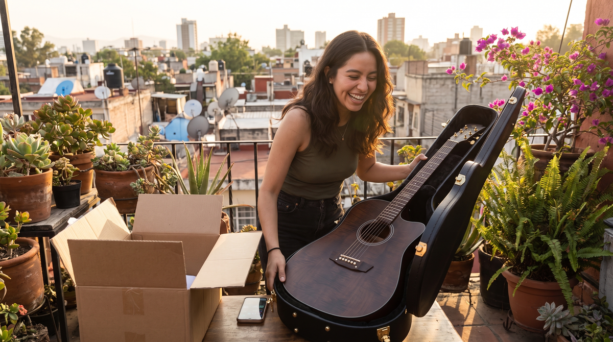 Joven abriendo el estuche de su guitarra nueva en un balcón de la Ciudad de México
