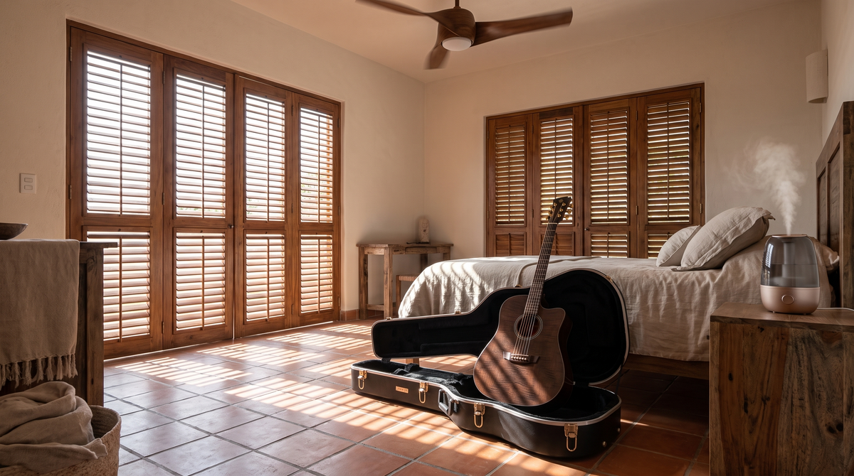 Guitarra acústica guardada en su estuche a la sombra en una casa de playa