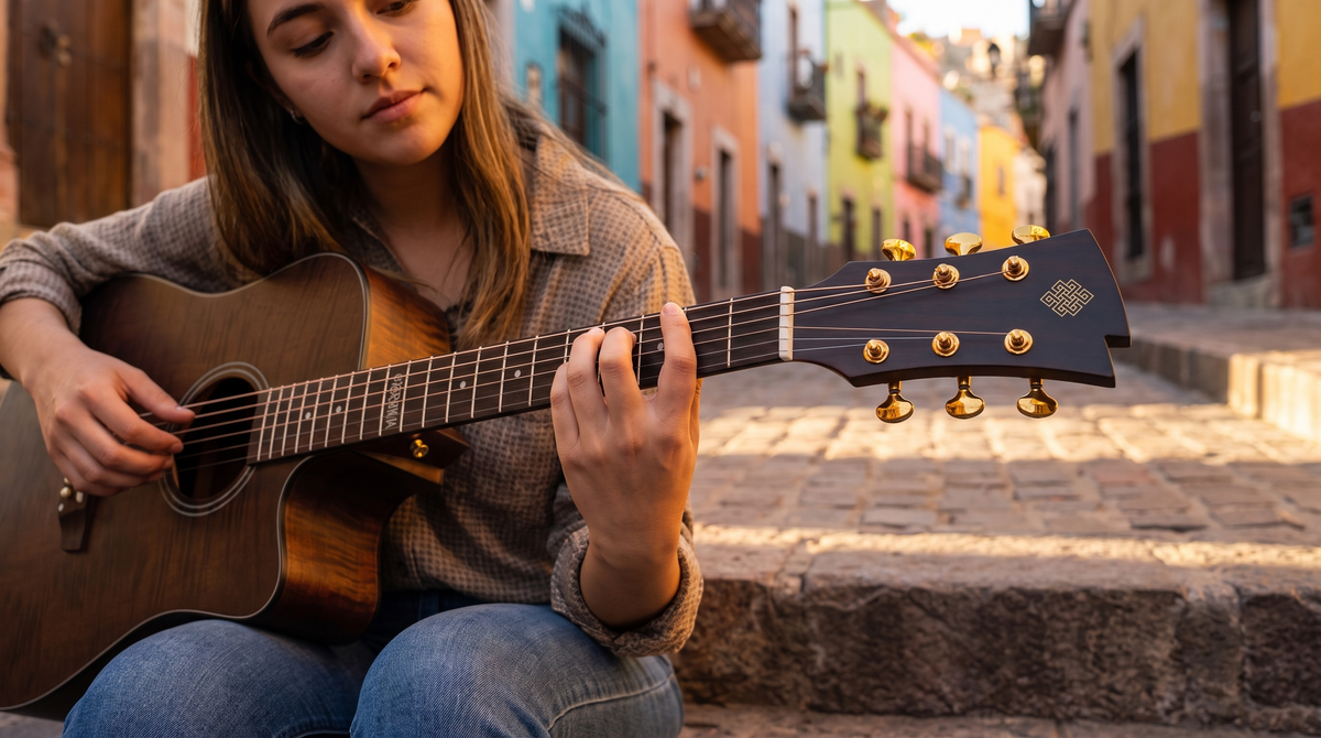 Joven formando un acorde en su guitarra en un callejón de Guanajuato