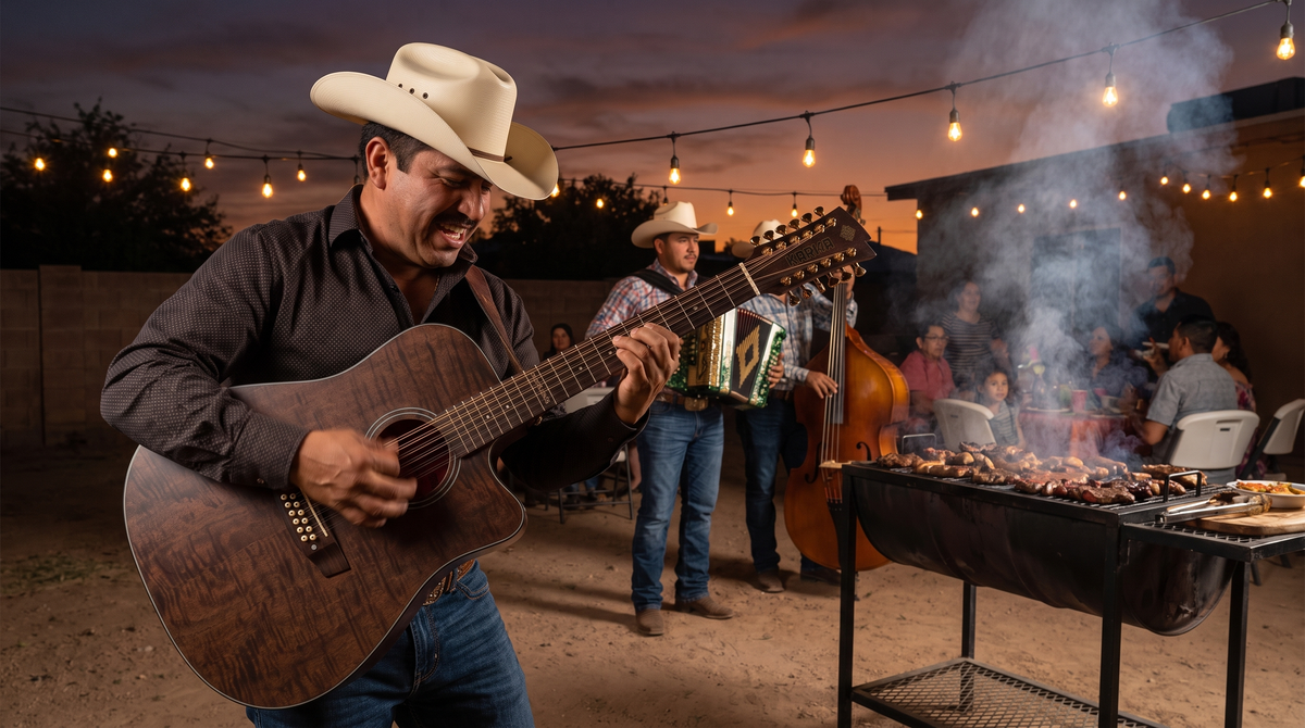 Trío sierreño tocando en una carne asada, docerola en primer plano