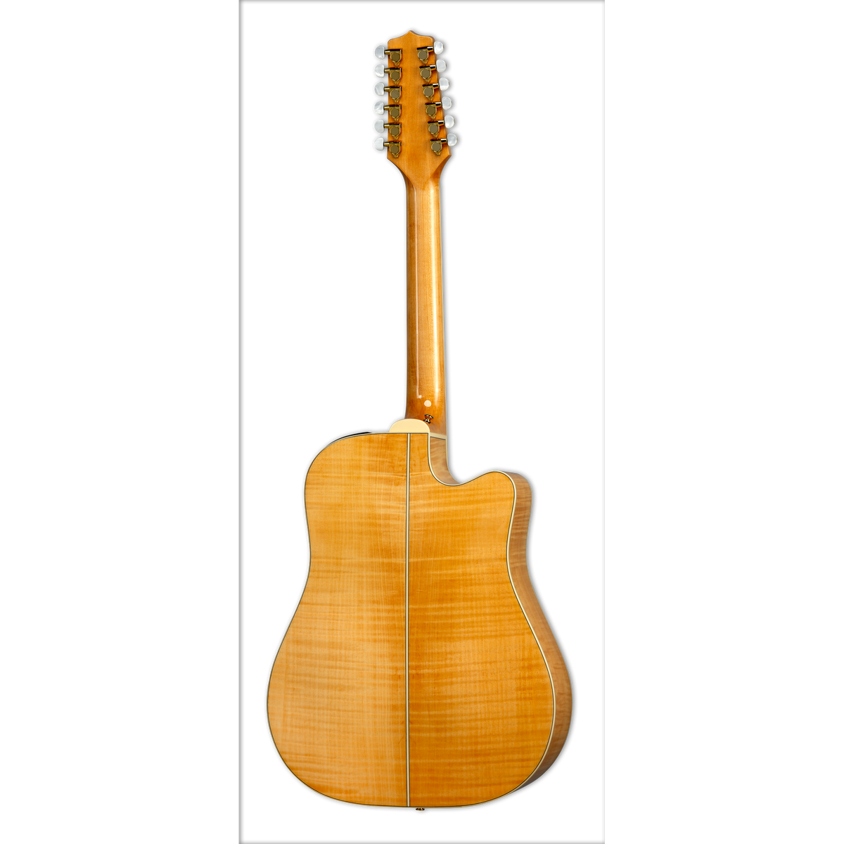 Docerola zurda Takamine GD74CE-12U, vista trasera de maple flameado