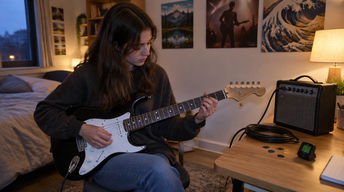 Principiante con guitarra eléctrica y amplificador en su cuarto