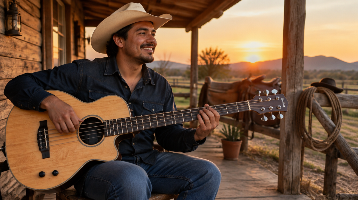 Músico tocando un bajo acústico en el porche de un rancho