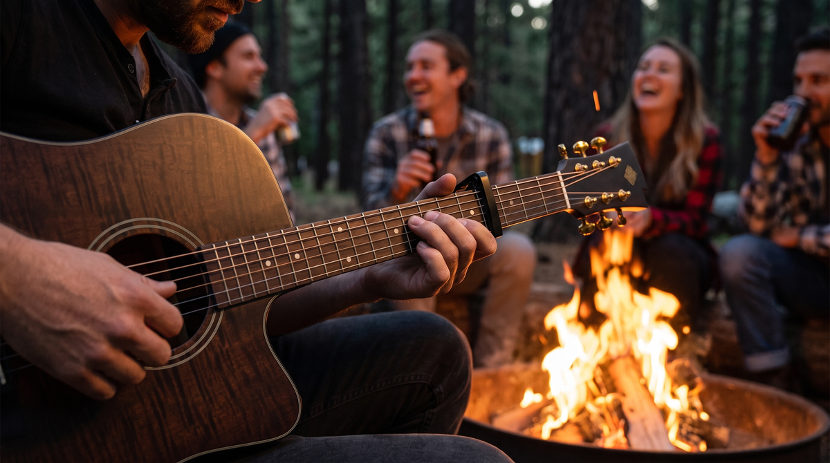 Músico colocando un capotraste en su guitarra junto a una fogata