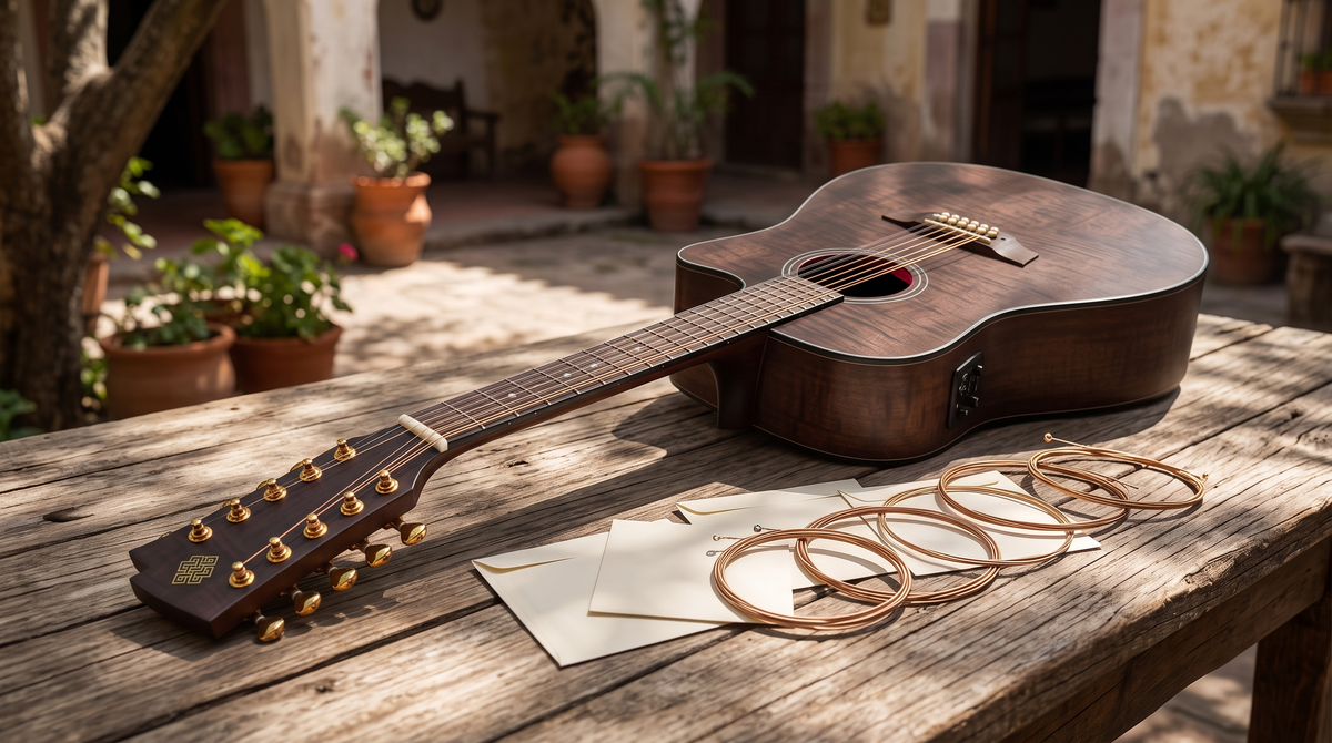 Docerola y juegos de cuerdas sobre una mesa rústica de hacienda