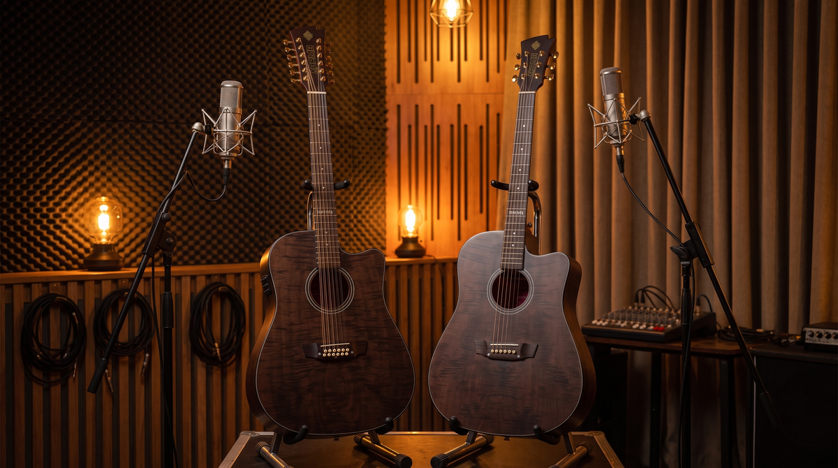 Docerola de 12 cuerdas y guitarra de 6 cuerdas en un estudio de grabación