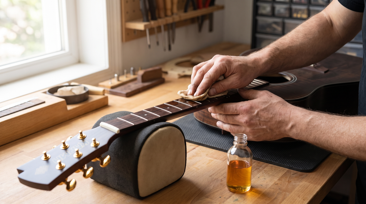 Manos limpiando el diapasón de una guitarra acústica con aceite