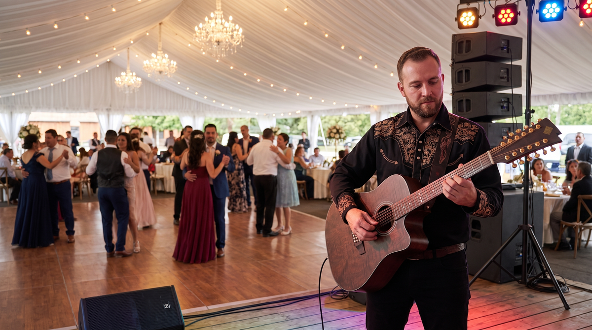 Músico tocando docerola conectada a una bocina en una boda