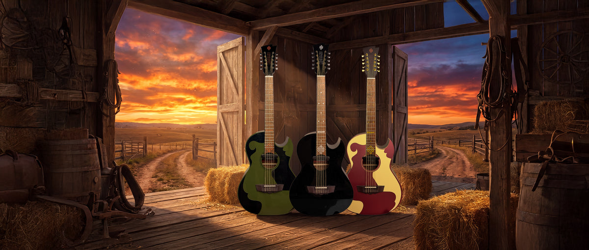 Músico tocando bajo quinto al atardecer en el rancho