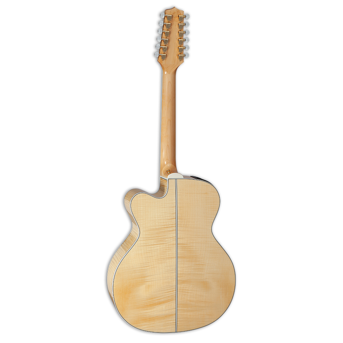 Docerola Takamine GJ72CE-12 con fondo de maple flameado, vista trasera